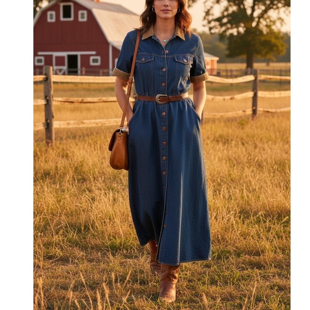 Vintage Denim Shirt Dress‎ 10P Western Corduroy Collar Prairie Cowgirl USA Made